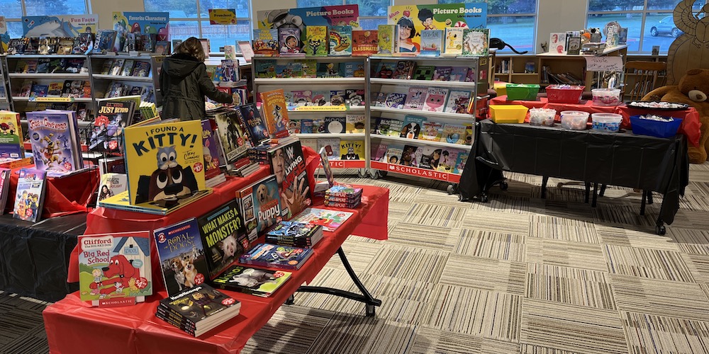 books set up in library for school book fair