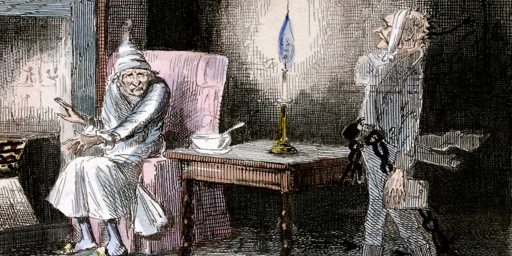 colored picture of ebenezer scrooge and jacob marley from a christmas carol