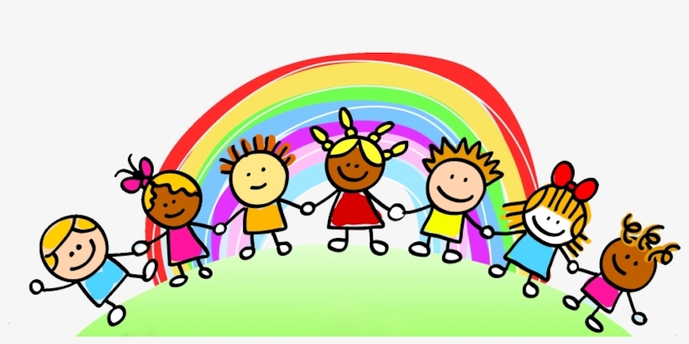 bright colored drawing of children holding hands under a rainbow